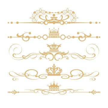 gold elements frame border crowns vintage set vector illustration design