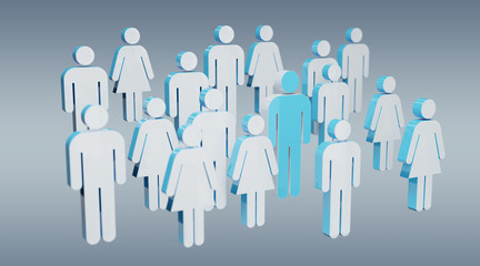 3D rendering group of people with blue man in middle