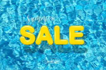 Summer sale design concept. Yellow SALE word made of swimming rings on blue water background. Vector illustration.