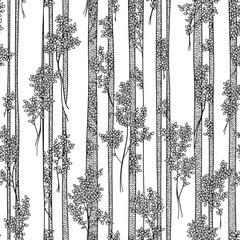 Бесшовный векторный черно-белый паттерн со стволами и ветками высоких лиственных деревьев с прямыми стволами, контурный рисунок на белом фоне