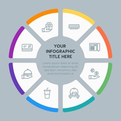 Circle chart hotel, shopping, travel infographic template with 8 options for presentations, advertising, annual reports