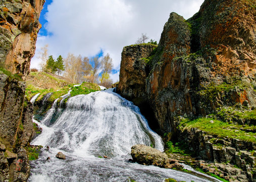 Panorama of Jermuk waterfall on Arpa river in Armenia