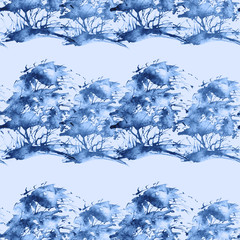 Watercolor seamless pattern with vintage pattern. Silhouette of a tree, bush, forest. Beautiful, fashionable pattern for wallpaper, fabrics,  design. 
Blue, winter, night trees