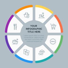 Circle chart hotel, shopping, travel infographic template with 8 options for presentations, advertising, annual reports