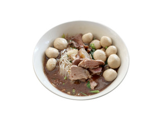 Thai noodle tradition food Fine Cut White Rice Noodle in Thicken Soup with Beef Ball on isolated white background
