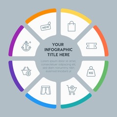 Circle chart hotel, shopping, travel infographic template with 8 options for presentations, advertising, annual reports