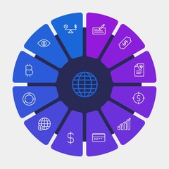 business, money, charts Infographic Circle outline Icons Set. Contains such Icons as currency,  finance,  presentation,  usd,  hand,  office, check,  graph and more. Fully Editable. Pixel Perfect