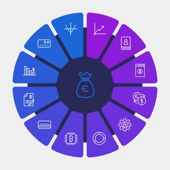 business, money, charts Infographic Circle outline Icons Set. Contains such Icons as  dollar,  internet,  exchange,  user,  document, agreement,  currency,  nfc and more. Fully Editable. Pixel Perfect