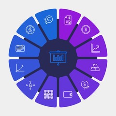 business, money, charts Infographic Circle outline Icons Set. Contains such Icons as  finance, purse,  bill,  month,  pattern,  decrease,  wallet,  ingot,  note and more. Fully Editable. Pixel Perfect