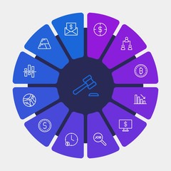 business, money, charts Infographic Circle outline Icons Set. Contains such Icons as  diagram, job,  organization, bitcoin,  graph,  tech,  online,  exposure and more. Fully Editable. Pixel Perfect