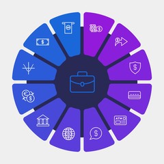 business, money, charts Infographic Circle outline Icons Set. Contains such Icons as  cent,  work, parabola,  case,  technology,  money,  bank,  digital,  graph and more. Fully Editable. Pixel Perfect