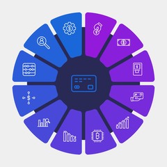 business, money, charts Infographic Circle outline Icons Set. Contains such Icons as  wealth,  chart,  money,  vacancy,  graph, bitcoin,  mathematics,  decrease and more. Fully Editable. Pixel Perfect