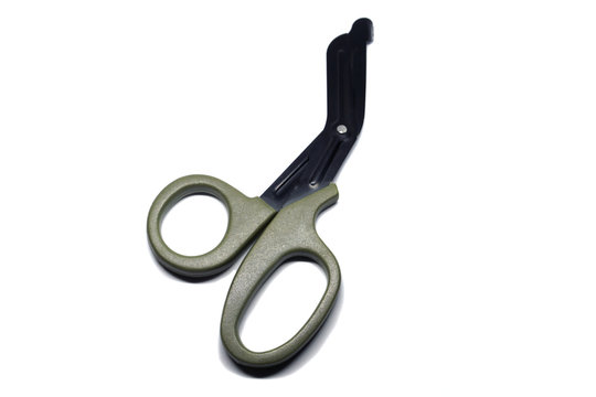 Medical Bandage Khaki Scissors Isolated On White Background. Trauma Sheers.