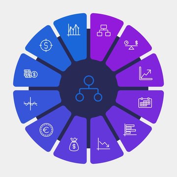business, money, charts Infographic Circle outline Icons Set. Contains such Icons as  date,  day, sack,  element,  dollar,  information,  cent,  decrease, time and more. Fully Editable. Pixel Perfect