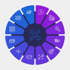 business, money, charts Infographic Circle outline Icons Set. Contains such Icons as  count, center,  accounting,  graph,  arrow,  cent,  credit,  investment and more. Fully Editable. Pixel Perfect