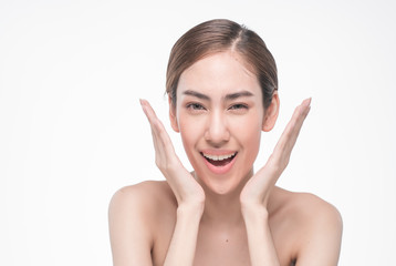 Obraz na płótnie Canvas Young beautiful asia woman touching her face isolated on white background concept skincare cosmetic