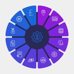 business, money, charts Infographic Circle outline Icons Set. Contains such Icons as  bank,  dollar, atm,  coin,  invoice, money,  action,  agreement,  target and more. Fully Editable. Pixel Perfect