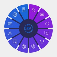 business, money, charts Infographic Circle outline Icons Set. Contains such Icons as  law, time,  wealth, teamwork,  group,  coin,  dollar,  legal,  dots, world and more. Fully Editable. Pixel Perfect