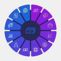 business, money, charts Infographic Circle outline Icons Set. Contains such Icons as  work, portfolio, growth,  team,  brochure, hierarchy,  global,  pound, usd and more. Fully Editable. Pixel Perfect