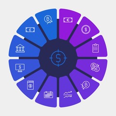 business, money, charts Infographic Circle outline Icons Set. Contains such Icons as  coin,  growth,  banking,  target,  usd,  list, cheque,  building,  money and more. Fully Editable. Pixel Perfect