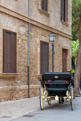 Fototapeta na wymiar Touristic carriage traveling around the street in old city of Palma de Mallorca, Spain