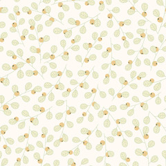 Hand drawn vector floral seamless pattern with branches and leaves on the beige background. Cute spring decoration with plants and yellow berries.