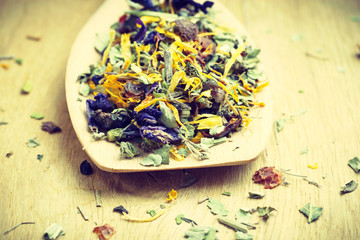 Pile of dry herb leaves and flower petals