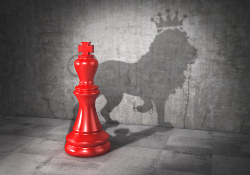 Leader concept. Headman. Chess king cast shadow in form of lion with crown. 3d illustration