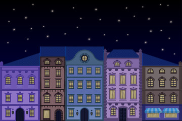 Houses. Old european city street with colored buildings at night. Flat style