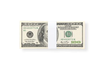 Stack of one hundred US Dollar money bills isolated on white background with clipping path.
