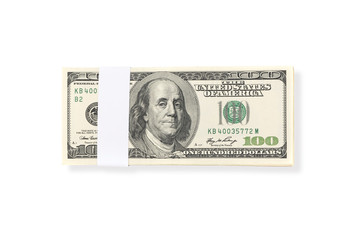 Stack of one hundred US Dollar money bills isolated on white background with clipping path.