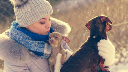 Woman playing with dogs during winter