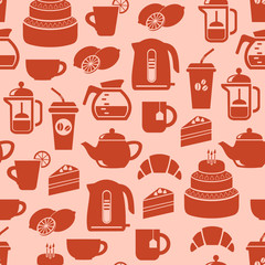 Seamless pattern of tea and coffee. Vector illustration.