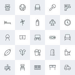 Modern Simple Set of furniture, kids and toys Vector outline Icons. Contains such Icons as  desk,  black,  concert, fluffy,  keyboard,  car and more on white background. Fully Editable. Pixel Perfect.