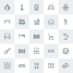 Fototapeta premium Modern Simple Set of furniture, kids and toys Vector outline Icons. Contains such Icons as vintage, toy, foot, office, apron, travel and more on white background. Fully Editable. Pixel Perfect.