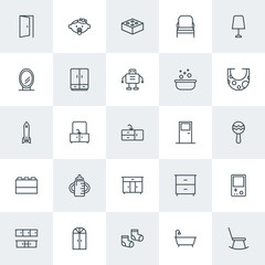 Modern Simple Set of furniture, kids and toys Vector outline Icons. Contains such Icons as  house,  clothes,  winter, baby,  home, chair and more on white background. Fully Editable. Pixel Perfect.