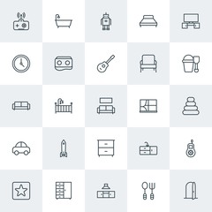 Modern Simple Set of furniture, kids and toys Vector outline Icons. Contains such Icons as  antenna,  house,  control,  robot, door,  water and more on white background. Fully Editable. Pixel Perfect.