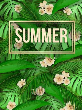 Summer background of exotic leaves with gold frame. Vector poster with tropical palm leaves, banana, monstera and flowers for web page backgrounds, wallpapers, textures, textiles with text space.