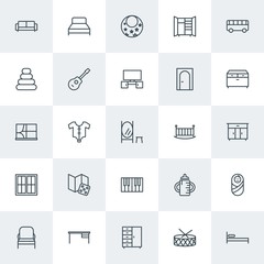 Modern Simple Set of furniture, kids and toys Vector outline Icons. Contains such Icons as milk,  seat,  closet,  work,  couch, sofa, bus and more on white background. Fully Editable. Pixel Perfect.