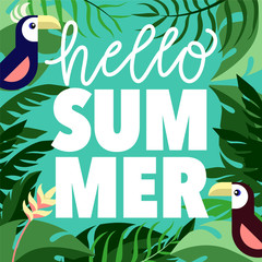 Hello summer! Modern calligraphy and bold type with jungle leaves and a couple of parrots.