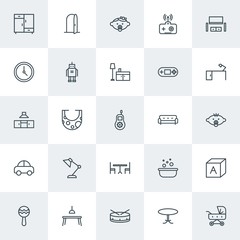 Modern Simple Set of furniture, kids and toys Vector outline Icons. Contains such Icons as  bib,  round, trolley,  dining,  care,  clothes and more on white background. Fully Editable. Pixel Perfect.