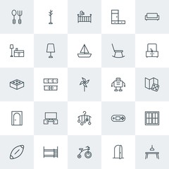 Modern Simple Set of furniture, kids and toys Vector outline Icons. Contains such Icons as  couch,  baby,  technology,  bedroom, bed, stand and more on white background. Fully Editable. Pixel Perfect.