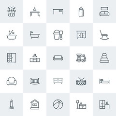 Modern Simple Set of furniture, kids and toys Vector outline Icons. Contains such Icons as  business,  animal, table,  spaceship,  space and more on white background. Fully Editable. Pixel Perfect.
