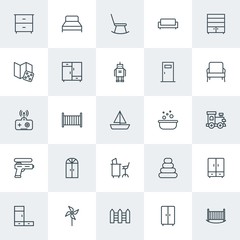 Modern Simple Set of furniture, kids and toys Vector outline Icons. Contains such Icons as  wooden, bed, bedroom,  cyborg,  white,  cabinet and more on white background. Fully Editable. Pixel Perfect.