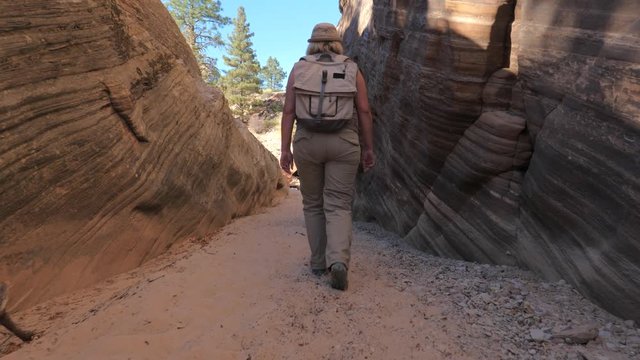 A Hiker Mature Woman Walks Between The Smooth And Wavy Rocks Of The Canyon
