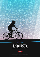 Naklejka na ściany i meble Bicycle riding poster with doodle background. Sport, active lifestyle. Vector illustration