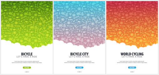 Set of Bicycle riding poster with doodle background. Sport, active lifestyle. Vector illustration