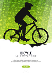 Fototapeta na wymiar Bicycle riding poster with doodle background. Sport, active lifestyle. Vector illustration