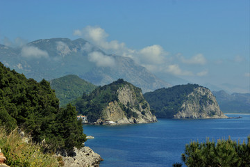 Fototapeta na wymiar Adriatic Sea, rocky seashore, clean sky landscape of the Mediterranean Region, Montenegro