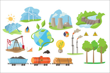 Naklejka premium Alternative electricity production icons. Environmentally eco-friendly sources of power. Flat vector elements